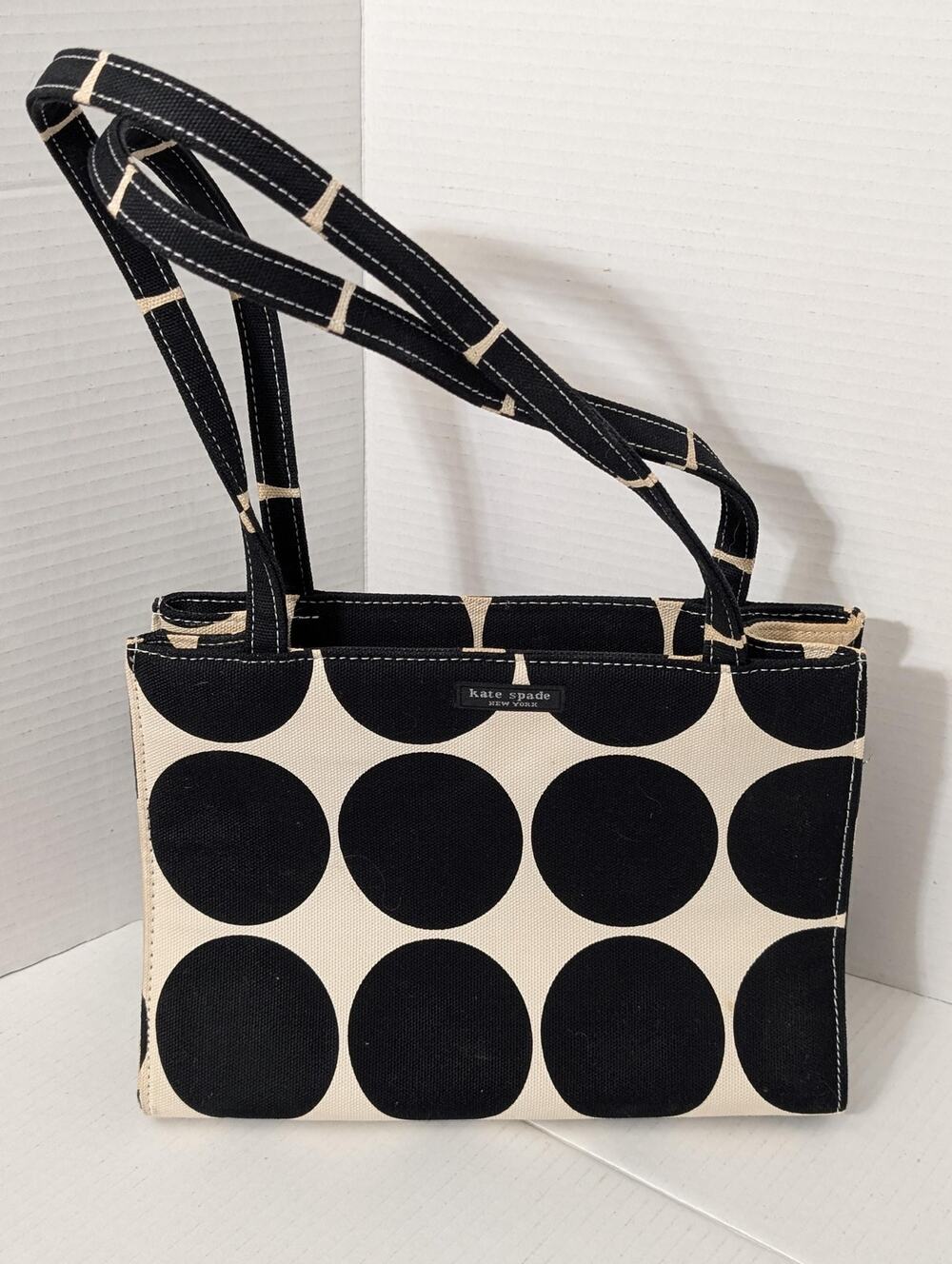 Vintage Kate Spade Black White Polka Dot Canvas Shoulder Bag Sam Tote Purse